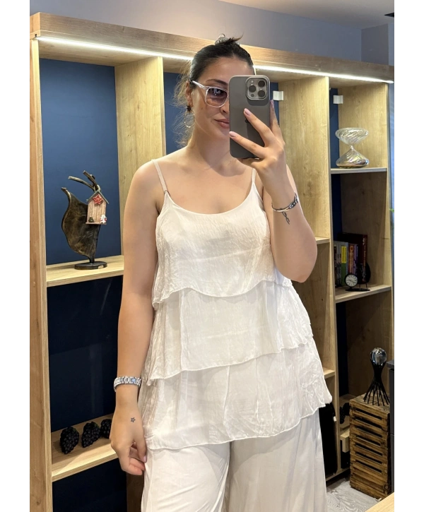 İtalyan Askılı Kat Kat İpek Bluz Bej