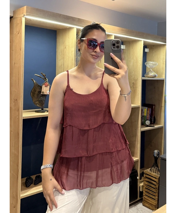 İtalyan Askılı Kat Kat İpek Bluz Bordo
