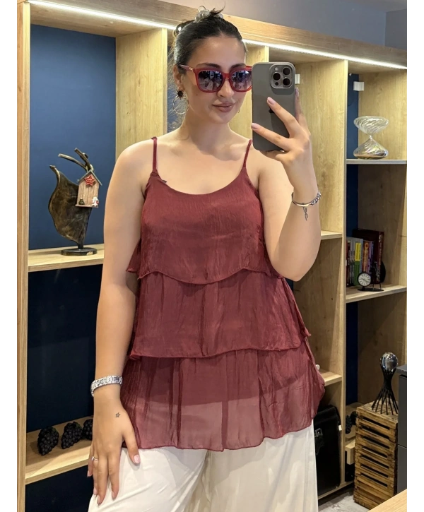 İtalyan Askılı Kat Kat İpek Bluz Bordo