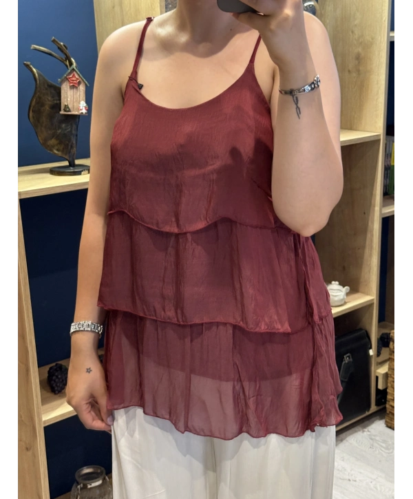 İtalyan Askılı Kat Kat İpek Bluz Bordo