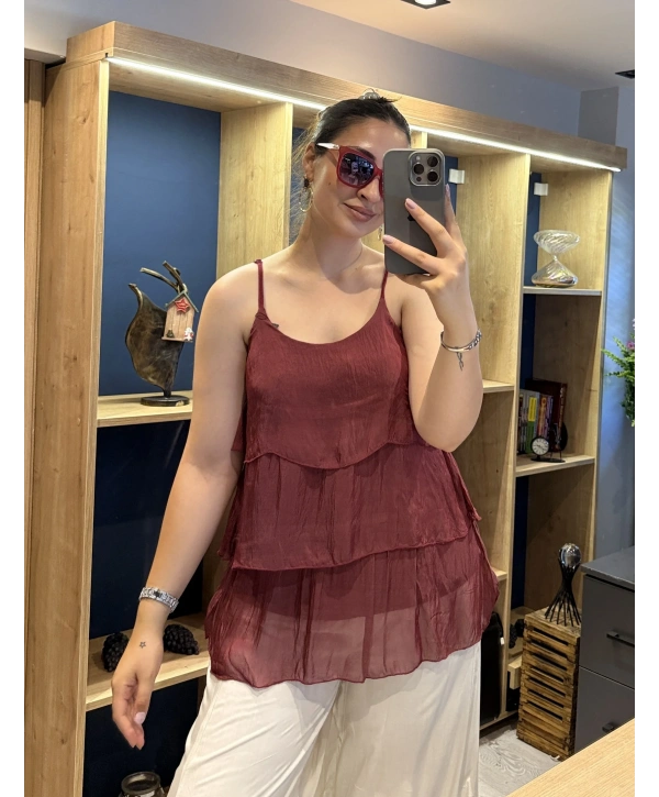 İtalyan Askılı Kat Kat İpek Bluz Bordo