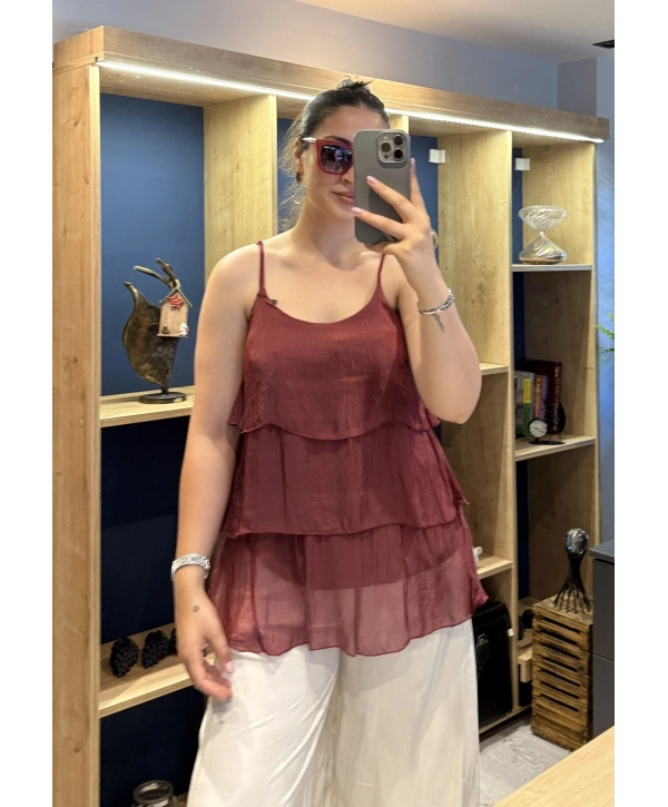 İtalyan Askılı Kat Kat İpek Bluz Bordo