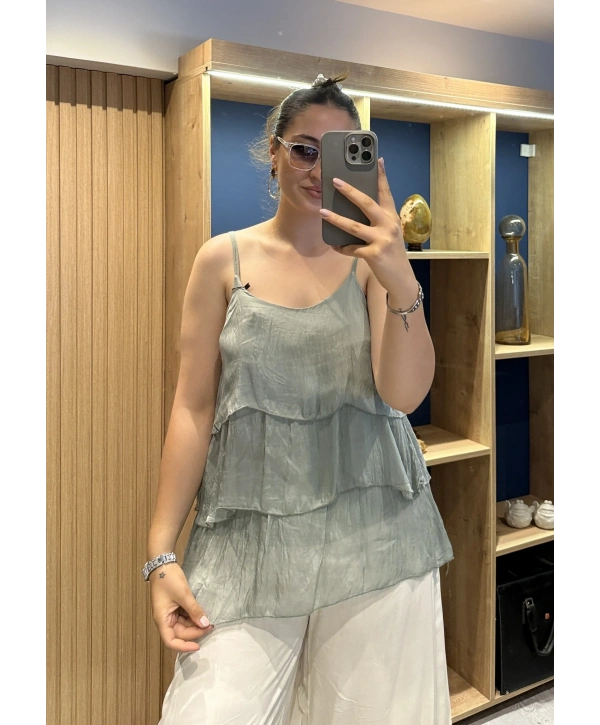 İtalyan Askılı Kat Kat İpek Bluz Haki
