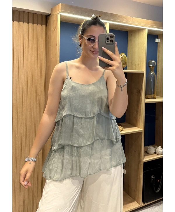 İtalyan Askılı Kat Kat İpek Bluz Haki