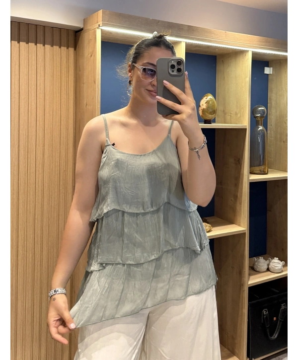 İtalyan Askılı Kat Kat İpek Bluz Haki