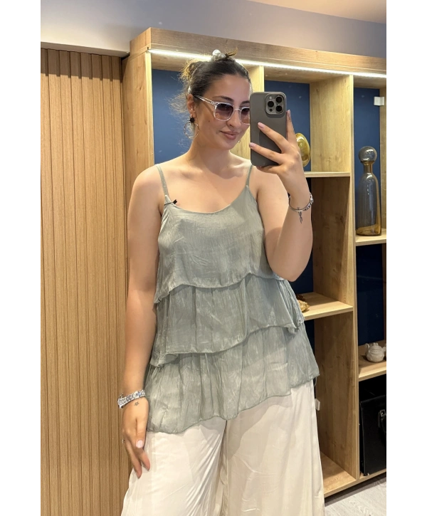 İtalyan Askılı Kat Kat İpek Bluz Haki