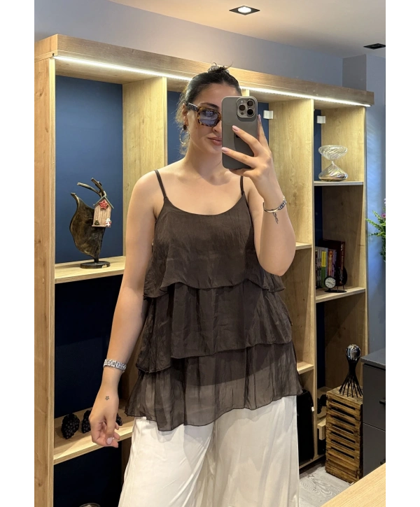 İtalyan Askılı Kat Kat İpek Bluz Kahverengi