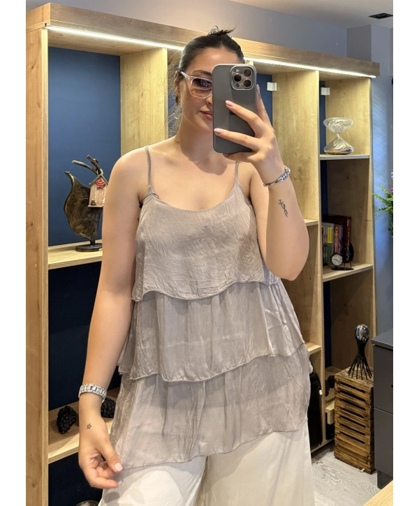 İtalyan Askılı Kat Kat İpek Bluz Vizon