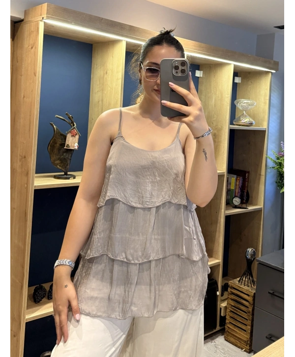 İtalyan Askılı Kat Kat İpek Bluz Vizon