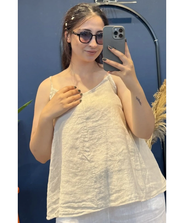 İtalyan Askılı Keten Bluz Bej13053