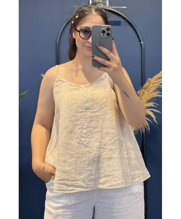 İtalyan Askılı Keten Bluz Bej13053