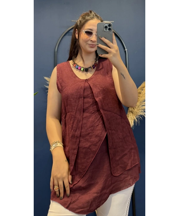 İtalyan Askılı Keten Bluz Bordo