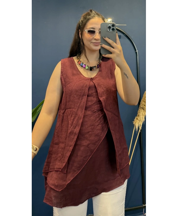 İtalyan Askılı Keten Bluz Bordo
