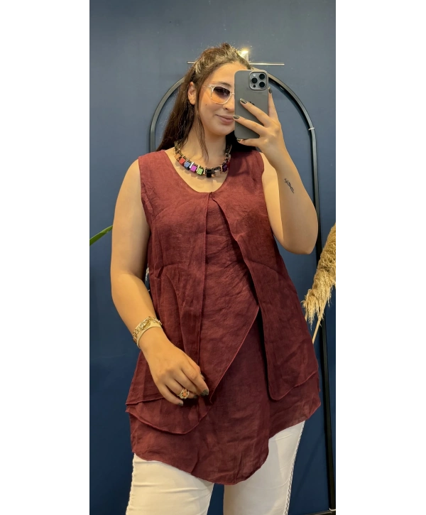 İtalyan Askılı Keten Bluz Bordo