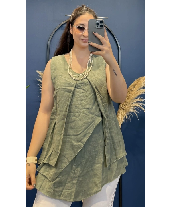 İtalyan Askılı Keten Bluz Haki