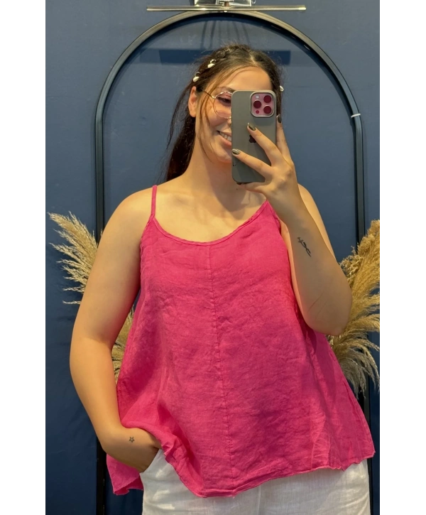 İtalyan Askılı Keten Bluz Pembe13053
