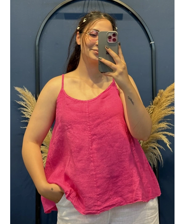İtalyan Askılı Keten Bluz Pembe13053