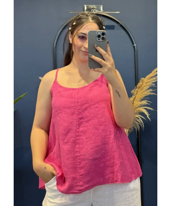 İtalyan Askılı Keten Bluz Pembe13053