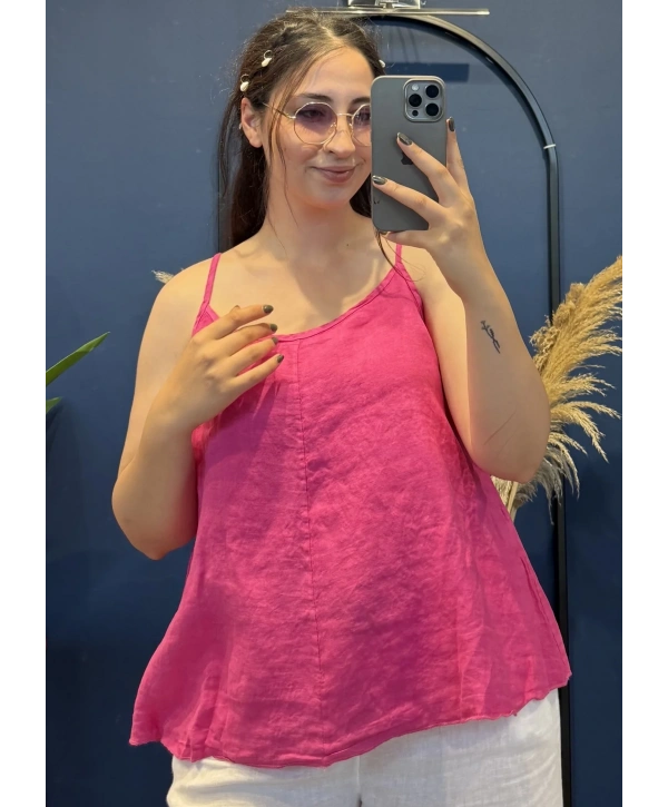 İtalyan Askılı Keten Bluz Pembe13053