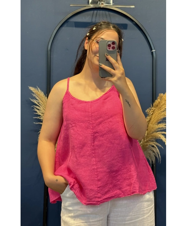 İtalyan Askılı Keten Bluz Pembe13053