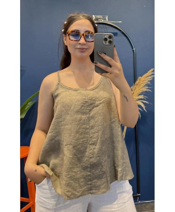İtalyan Askılı Keten Bluz Vizon