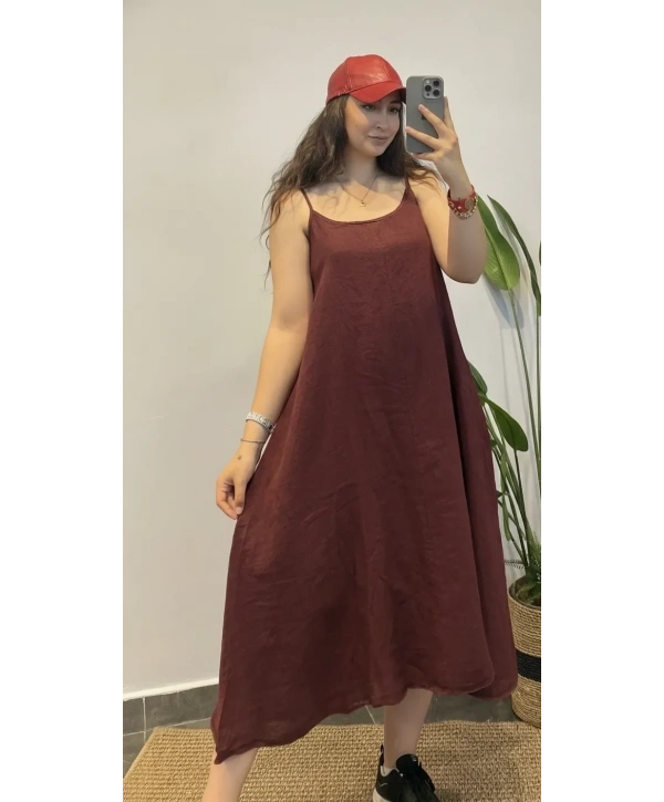 İtalyan Askılı Uzun Keten Elbise 13054 Bordo