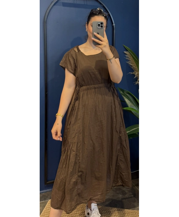 İtalyan Beli Lastikli Elbise 9174 Kahverengi