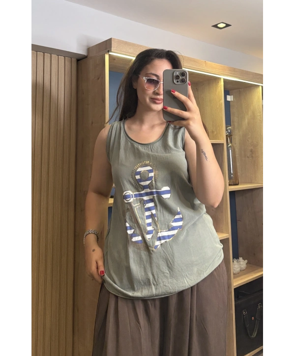 İtalyan Çapa Desenli Kolsuz Keten Bluz Haki