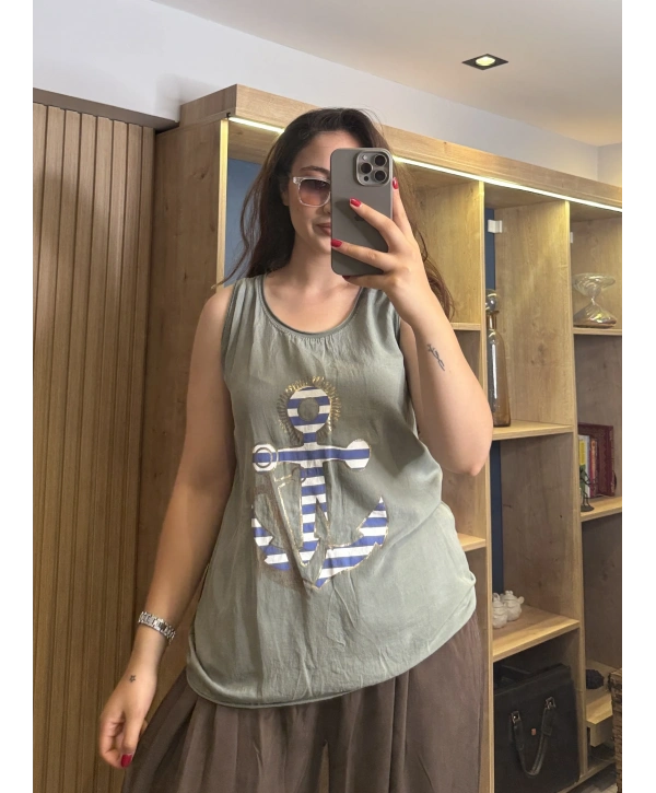 İtalyan Çapa Desenli Kolsuz Keten Bluz Haki