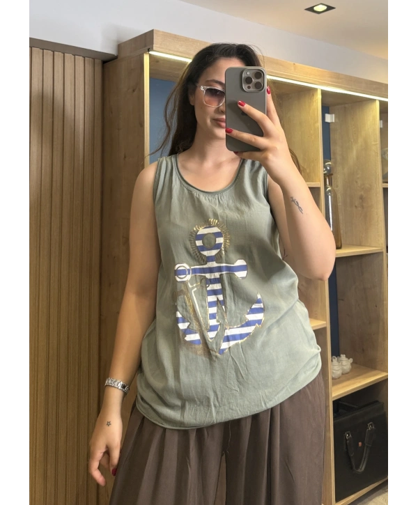 İtalyan Çapa Desenli Kolsuz Keten Bluz Haki