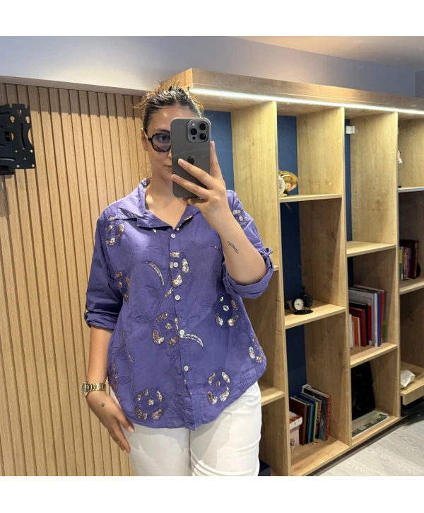 İtalyan Çiçeği Pul İşlemeli Gömlek Mor