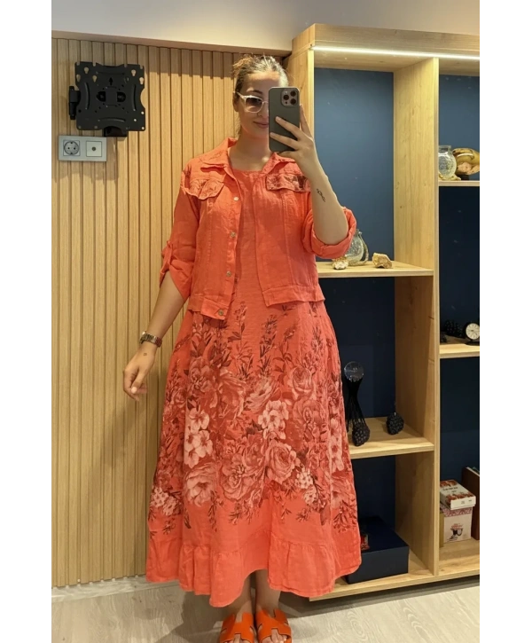 İtalyan Çiçek Desenli Düz Ceketli Takım Nar Çiçeği