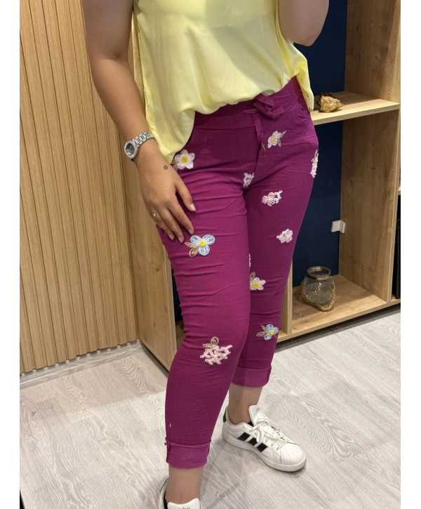 İtalyan Çiçek Desenli Likralı Pantolon Magenta