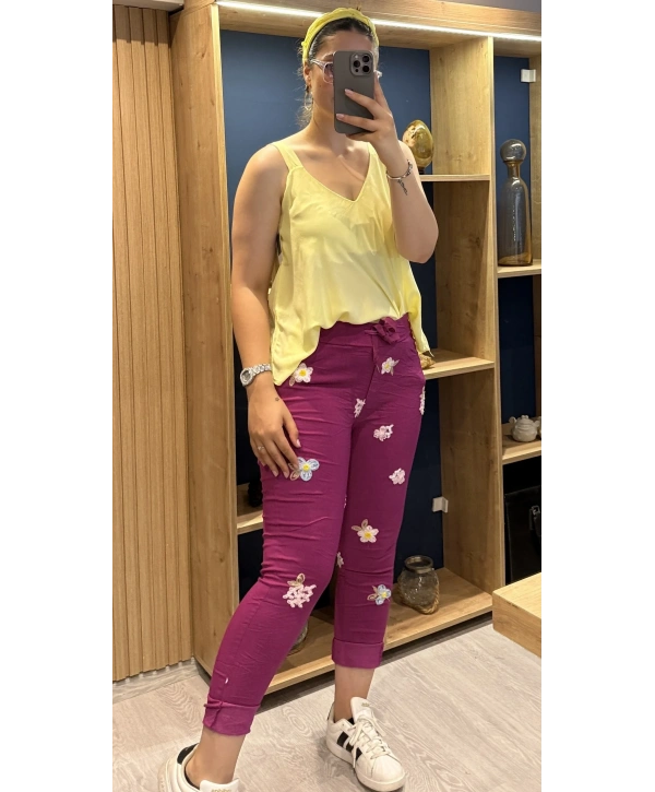 İtalyan Çiçek Desenli Likralı Pantolon Magenta