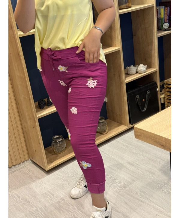 İtalyan Çiçek Desenli Likralı Pantolon Magenta
