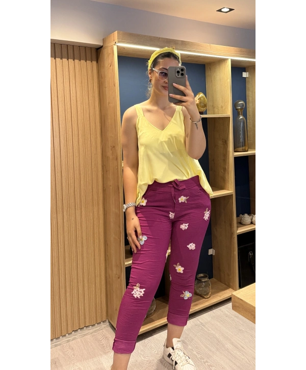 İtalyan Çiçek Desenli Likralı Pantolon Magenta