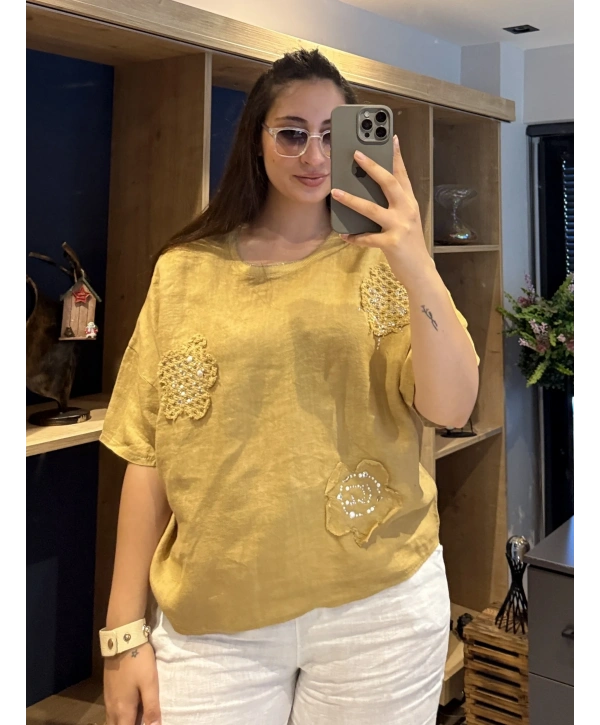 İtalyan Çiçek Desenli Taş Detaylı Keten Bluz Camel