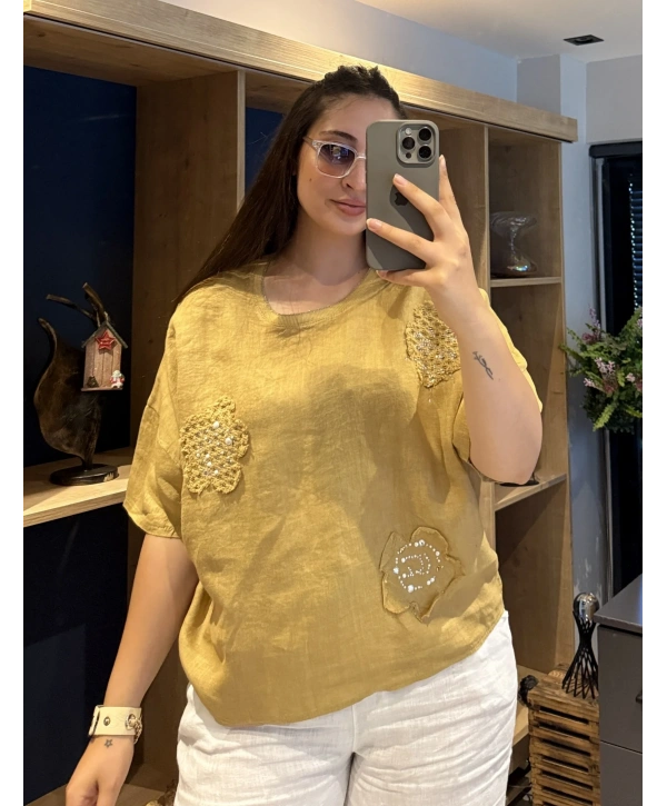 İtalyan Çiçek Desenli Taş Detaylı Keten Bluz Camel