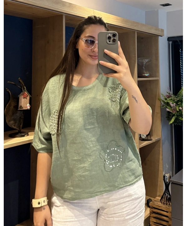 İtalyan Çiçek Desenli Taş Detaylı Keten Bluz Haki