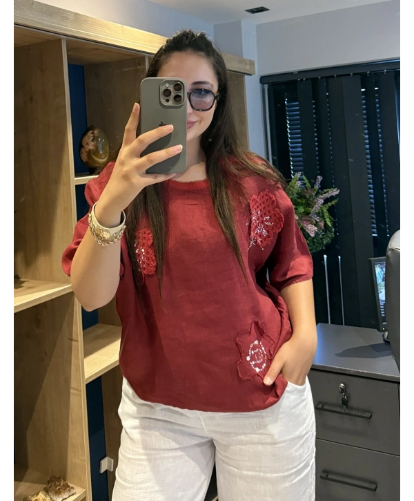 İtalyan Çiçek Desenli Taş Detaylı Keten Bluz Kırmızı
