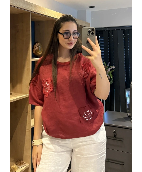 İtalyan Çiçek Desenli Taş Detaylı Keten Bluz Kırmızı