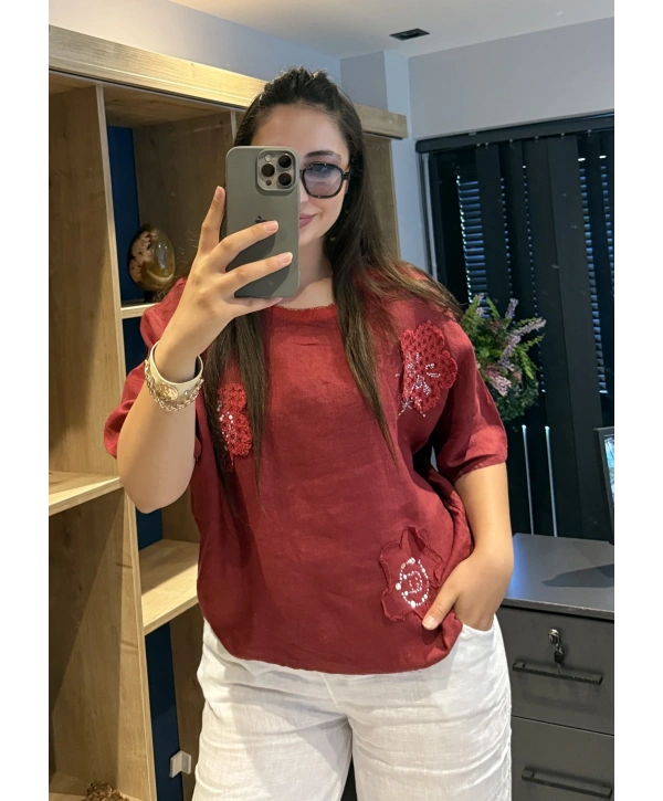 İtalyan Çiçek Desenli Taş Detaylı Keten Bluz Kırmızı