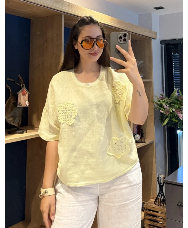 İtalyan Çiçek Desenli Taş Detaylı Keten Bluz Sarı