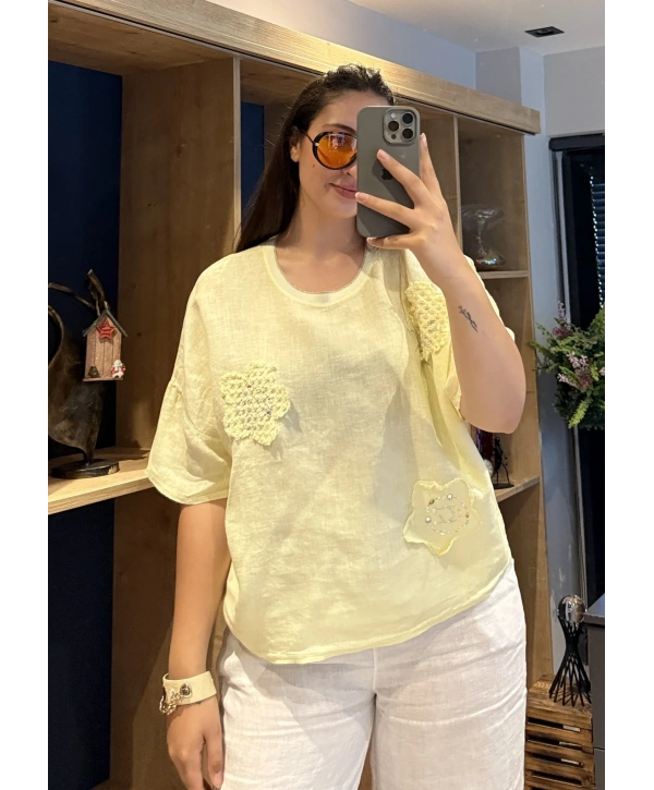 İtalyan Çiçek Desenli Taş Detaylı Keten Bluz Sarı