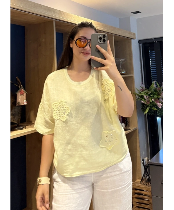 İtalyan Çiçek Desenli Taş Detaylı Keten Bluz Sarı
