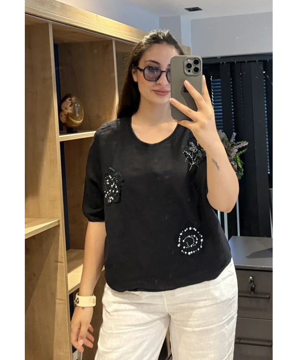 İtalyan Çiçek Desenli Taş Detaylı Keten Bluz Siyah