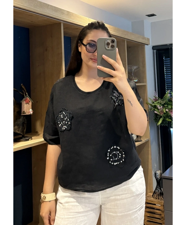 İtalyan Çiçek Desenli Taş Detaylı Keten Bluz Siyah