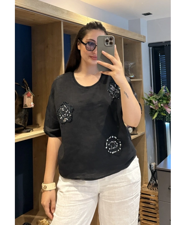 İtalyan Çiçek Desenli Taş Detaylı Keten Bluz Siyah