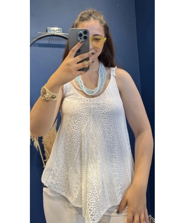 İtalyan Dantel Delikli Bluz Beyaz 83476