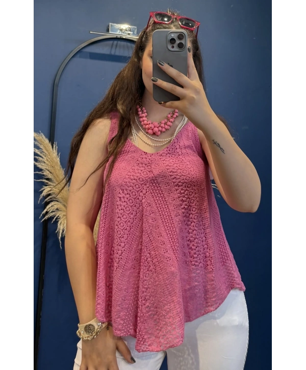 İtalyan Dantel Delikli Bluz Pembe 83476
